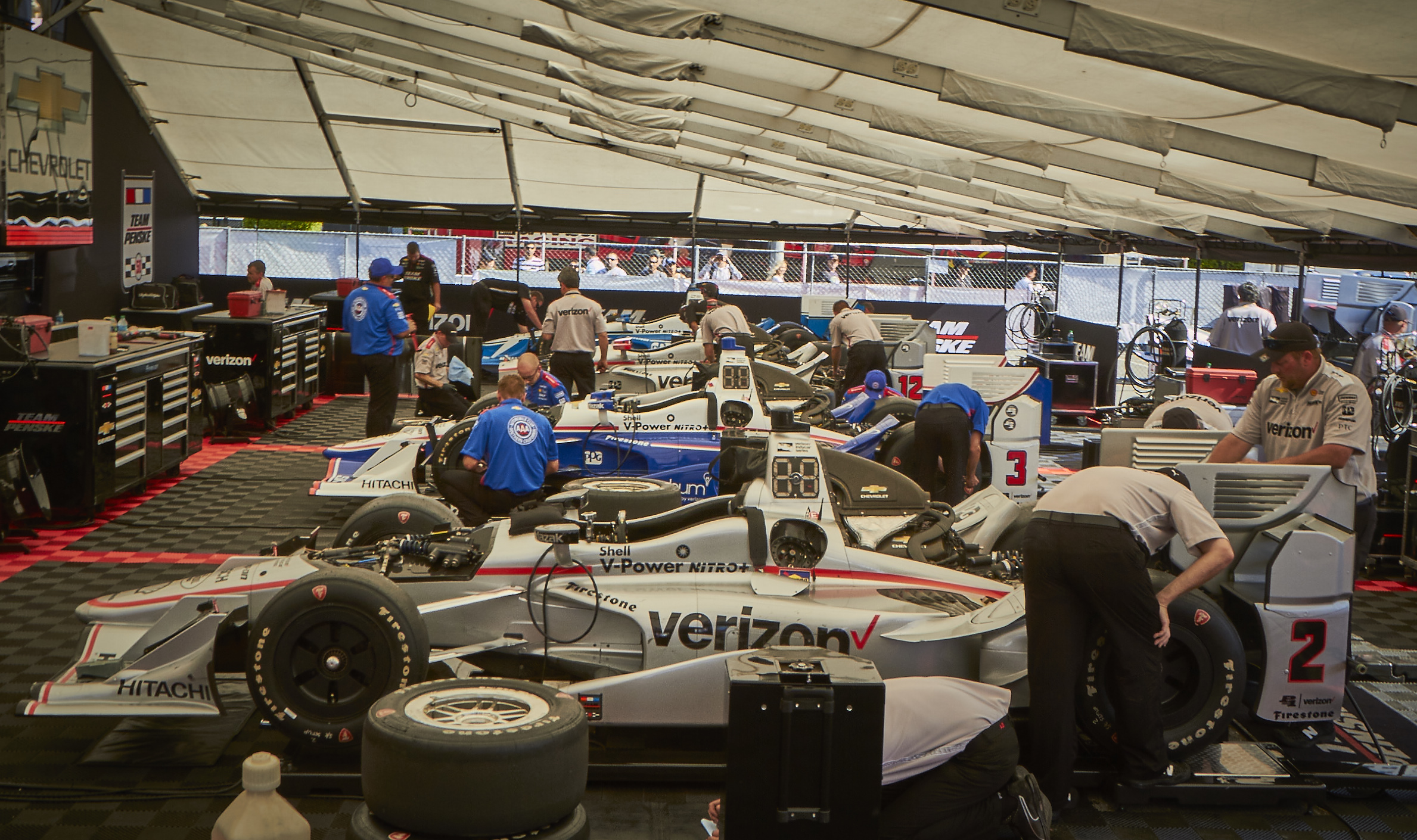 Team Penske engineers and mechanics prepare the cars for The Long Beach Grand Prix” photo credit: Paul Biedrzycki