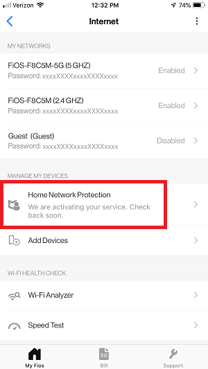 My Fios App - Home Network Protection status