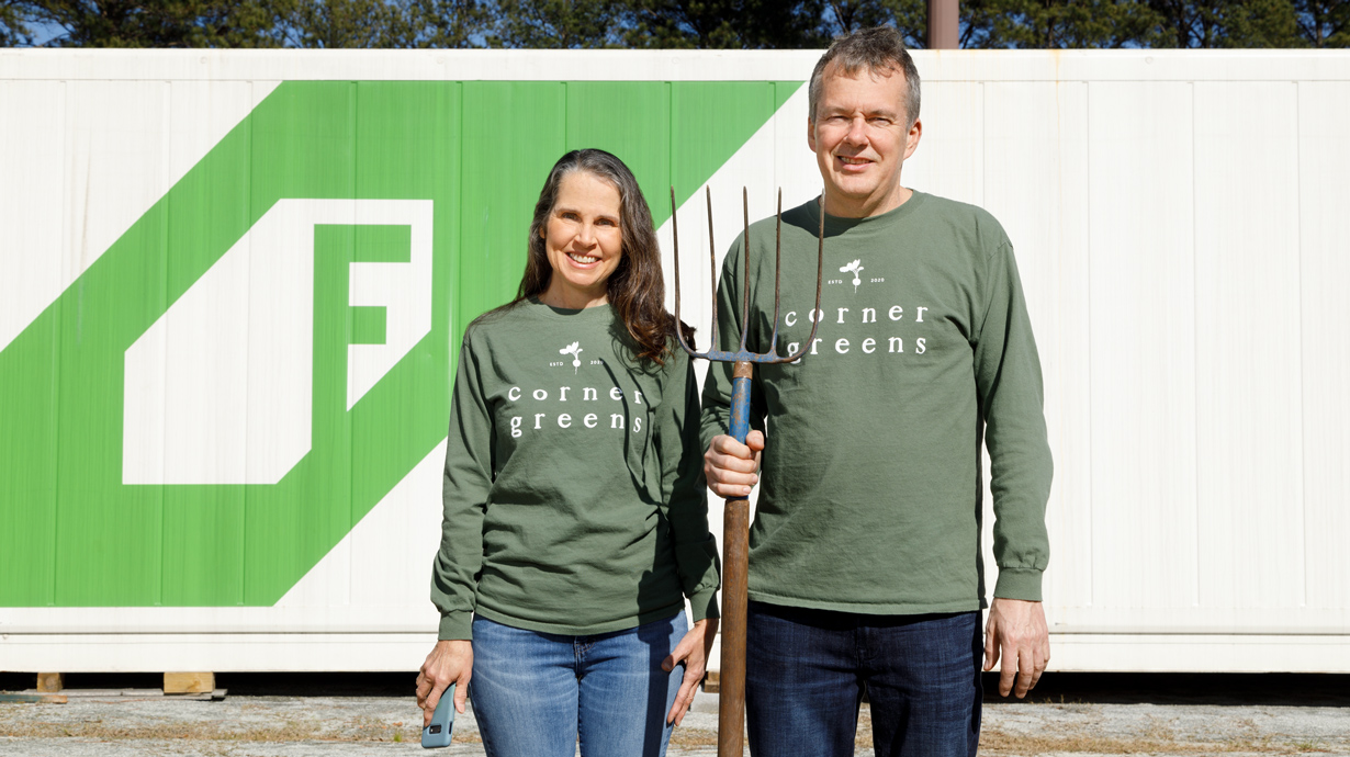 Rob and Joan Flanders in front of their Corner Green’s business of sustainable farming