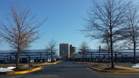 Solar panels in the parking lot of Verizon's Silver Spring offices