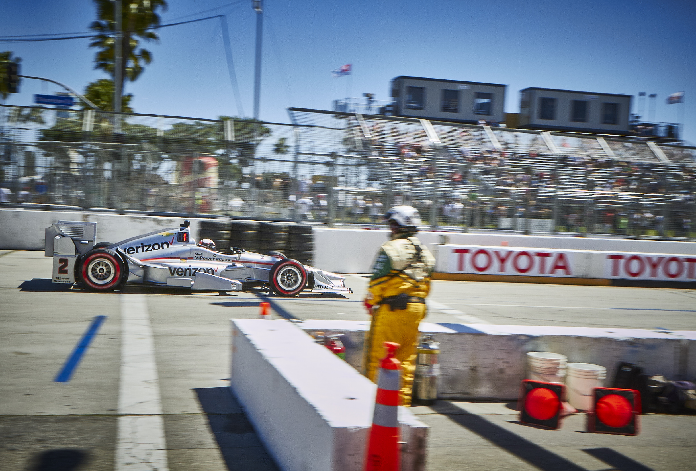 No. 2 Team Penske Verizon/Hawk/PPG Dallara/Chevrolet driven by Juan Pablo Montoya enters pit lane at The Long Beach Grand Prix” photo credit: Paul Biedrzycki