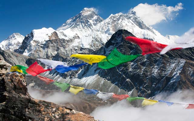 Nepalese prayer flags with Mt. Everest in the background