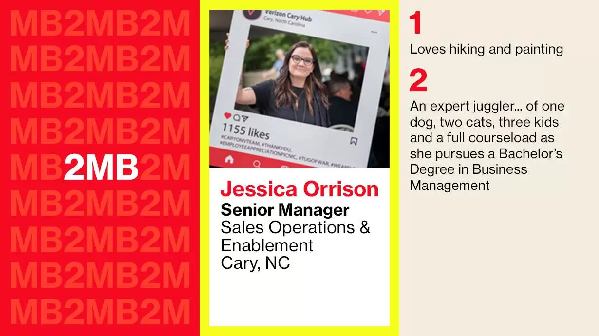 Jessica Orrison-Senior Manager Sales Operations & Enablement Cary, NC. 1: Loves hiking and painting 2: An expert juggler... of one dog, two cats, three kids and a full courseload as she pursues a Bachelor's Degree in Business Management