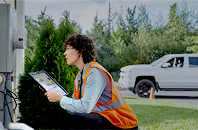 Technician inspecting electrical issues while troubleshooting on a tablet