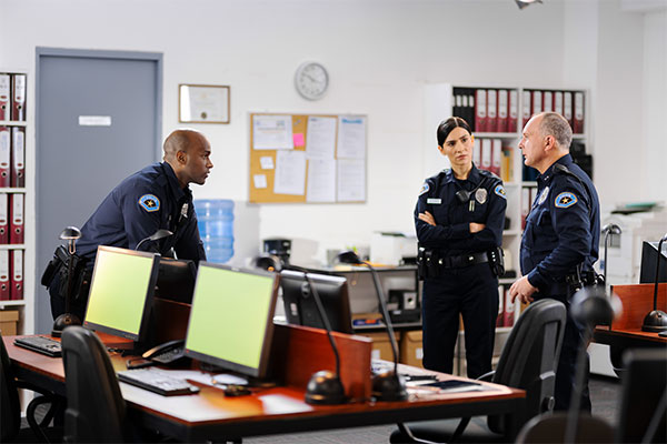 Three police officers conversing at a police station