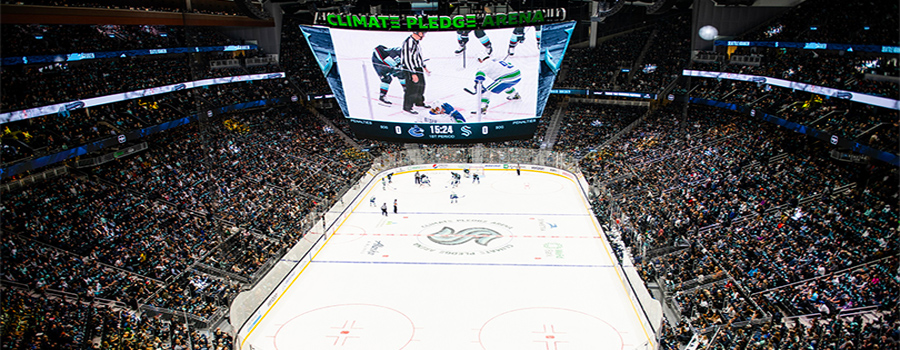 Climate Pledge Arena hosting an ice hockey game