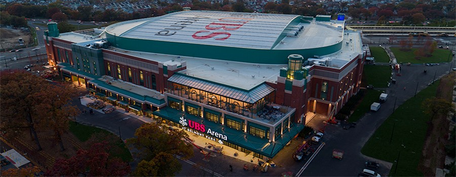 Aerial view of the UBS Arena exterior