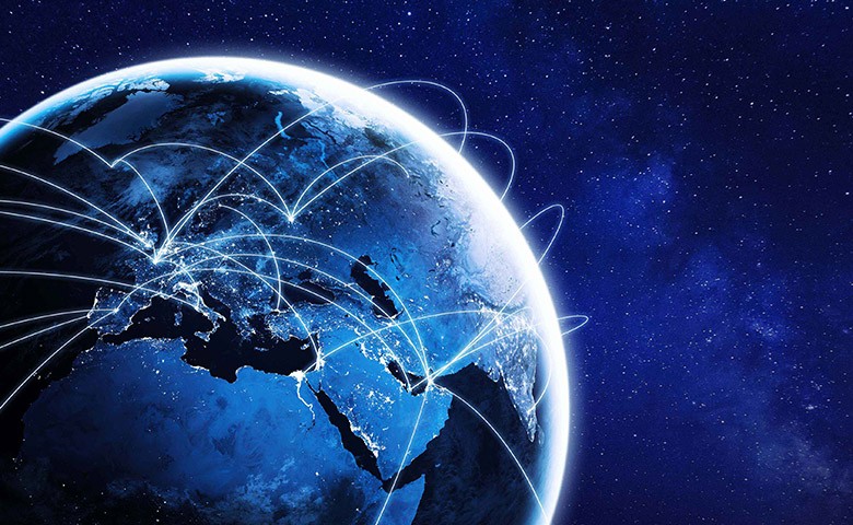 Connections around planet Earth viewed from space at night, cities connected around the globe by shiny lines, international travel or global business finance, world connectivity, elements from NASA