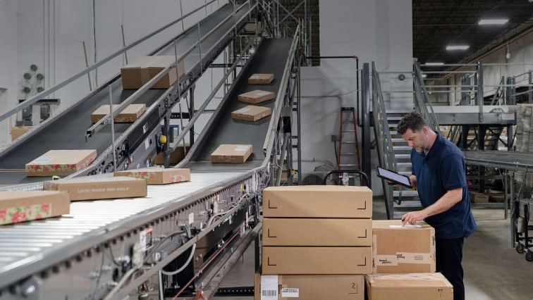 man in warehouse checking packages