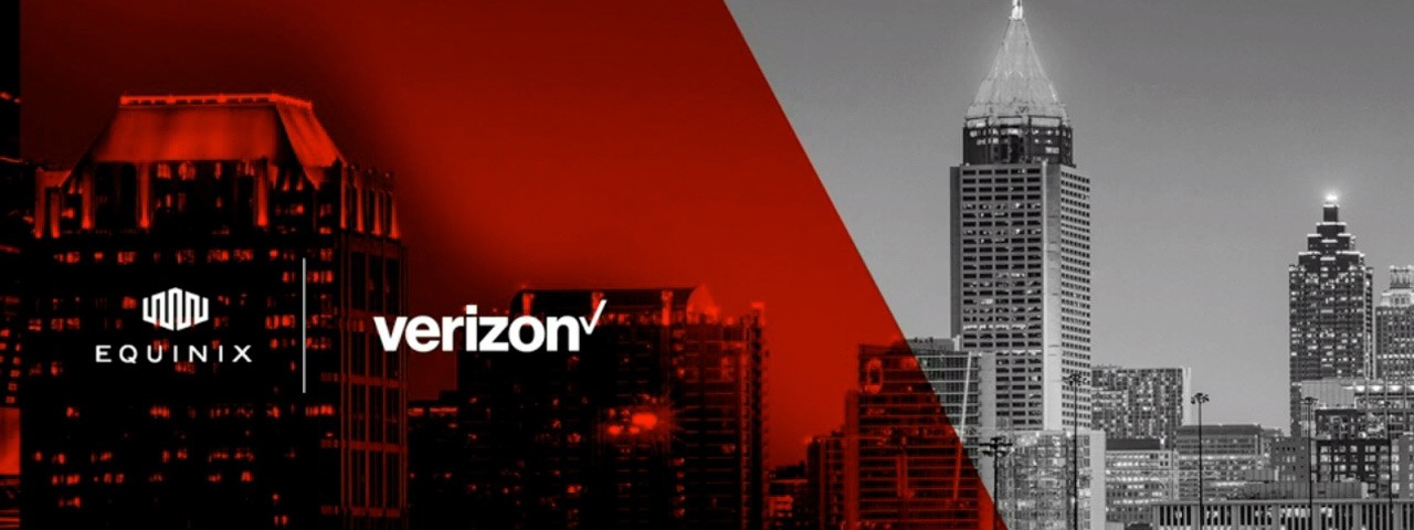 city skyline with high-rise buildings and Verizon and Equinix logos