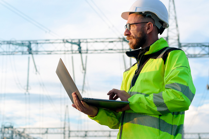 Energy and utlities worker using a laptop while standing beside electric grid