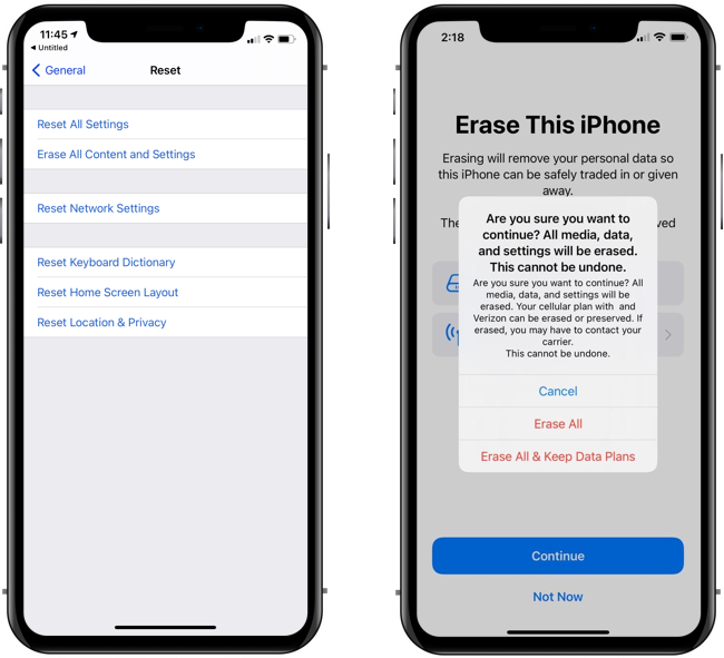 iPhone reset and erase settings