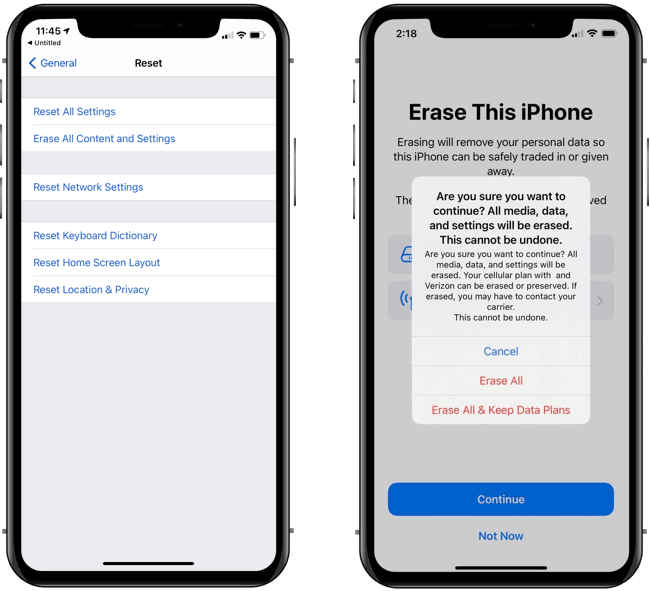 iPhone reset and erase settings