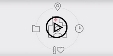 A hospital icon with location, time, heart, temperature, and folder icons.