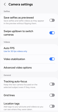 OS 14 and One UI 6 Camera Settings screenshot