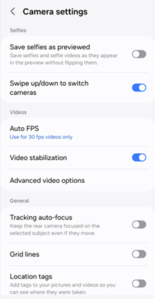 Samsung Galaxy OS 14 Camera Settings screenshot