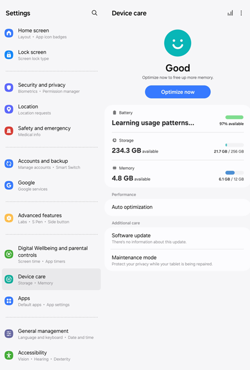 Samsung Galaxy Tab OS 14 Battery and Device Care Settings screenshot