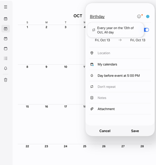 Samsung Galaxy Tab OS 14 Calendar screenshot