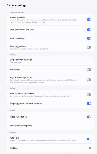 Samsung Galaxy Tab OS 14 Camera Settings screenshot