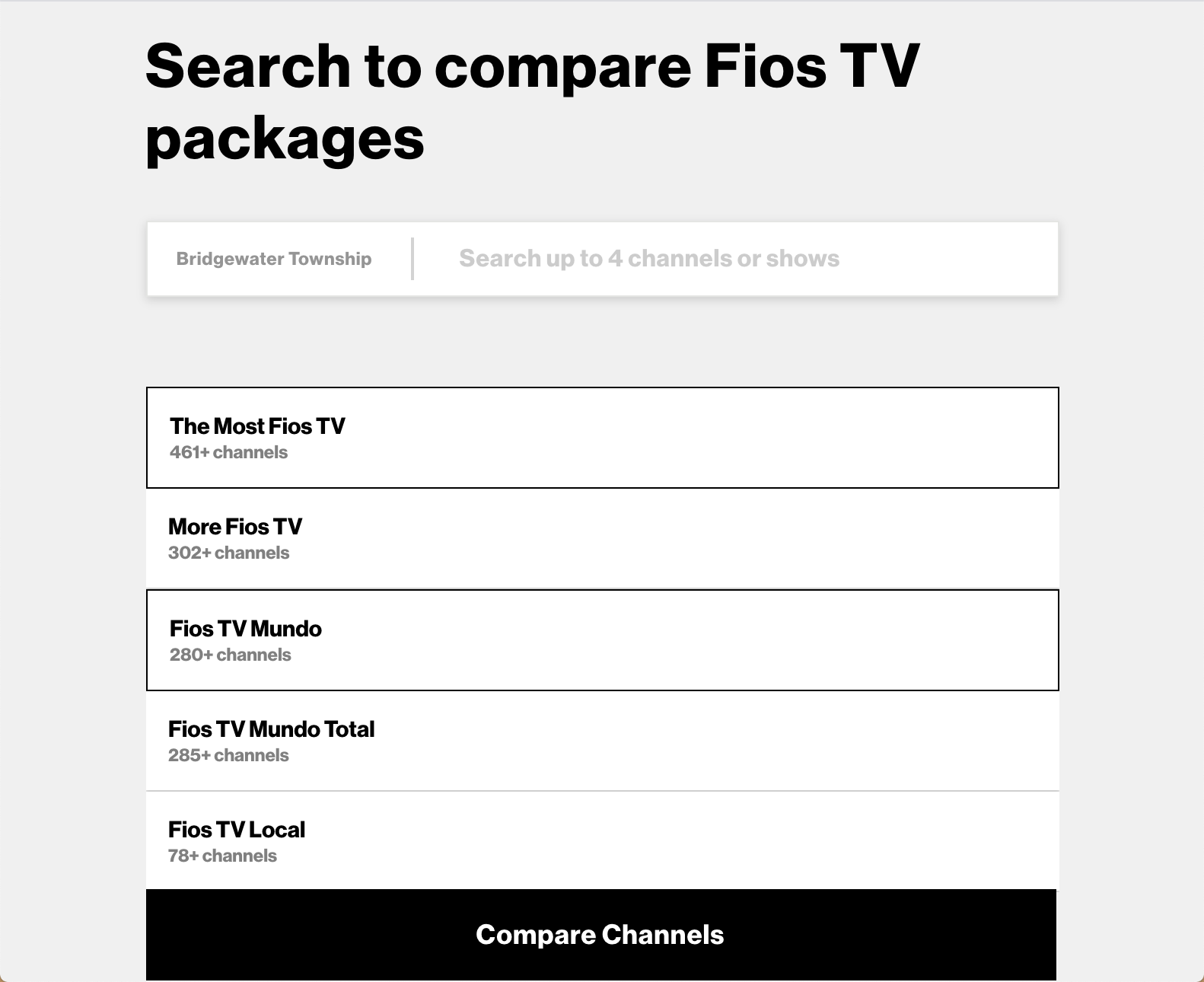 Step 1 of the Fios channel lineup tool