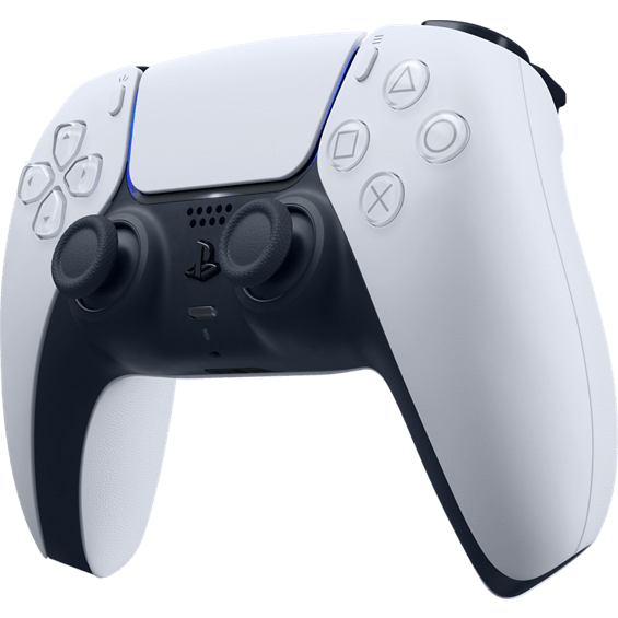 Ángulo frontal del controlador inalámbrico Sony DualSense para la PlayStation 5 - Blanco.