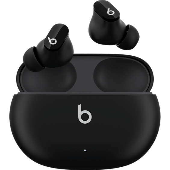 Product view of the Beats Studio Buds True Wireless Noise Cancelling Earbuds in Black being removed from the case.