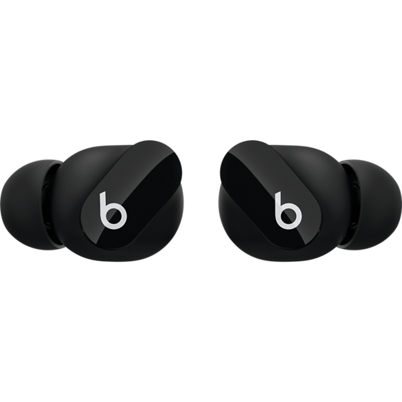 Vista de los audífonos con cancelación de ruido Beats Studio Buds True Wireless en negro uno al lado del otro.