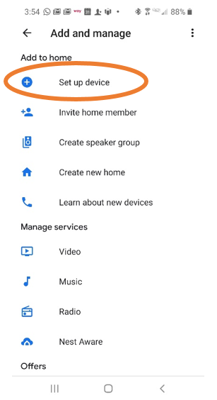 Google App - Add and Manage Screen with "Set up device" circled.