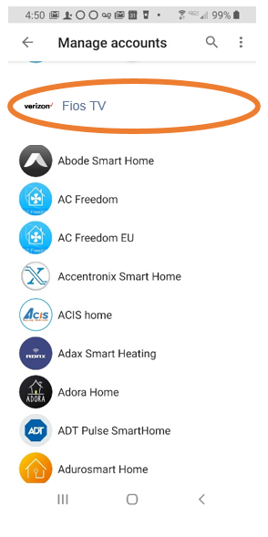 Manage accounts screen with Fios TV circled
