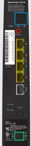 Vista trasera del router 
Fios Quantum Gateway en la que se destaca el botón Reset en la parte inferior del dispositivo.