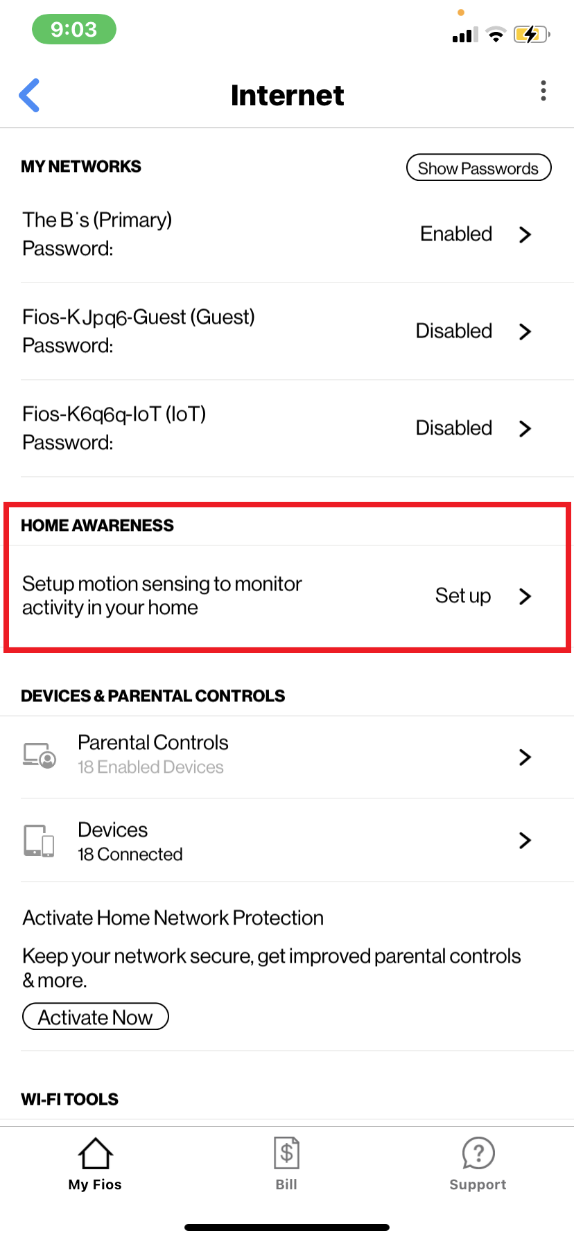 Pantalla My Fios app resaltando "Home Awareness".