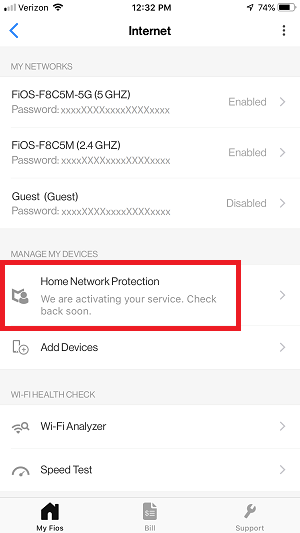 My Fios App - Estado de Home Network Protection