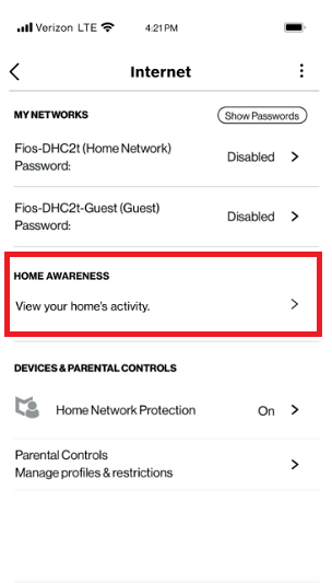 My Fios app screen highlighting 'Home Awareness'