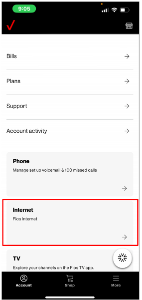 My Fios app screen highlighting 'Internet'