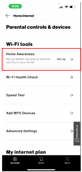 Pantalla My Fios app resaltando "Home Awareness".