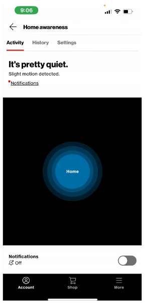My Fios app screen highlighting 'Home Awareness'