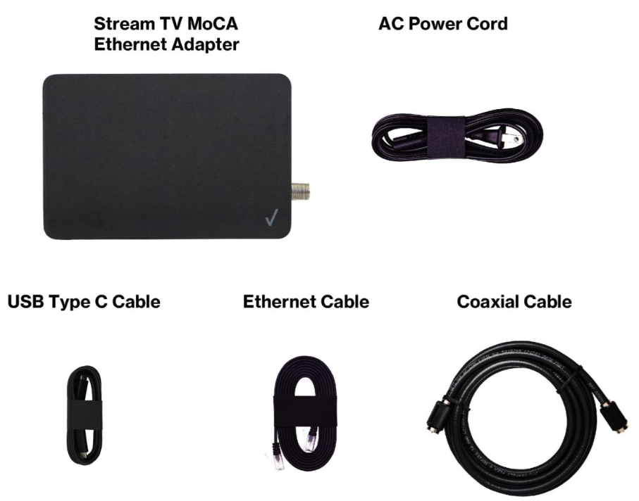 Adaptador Ethernet MoCA de Stream TV, cable de alimentación de CA, cable USB tipo C, cable Ethernet y cable coaxial