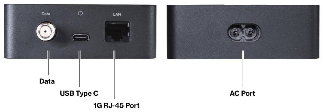 Vista frontal y trasera del adaptador Ethernet MoCA de Stream TV, caja negra cuadrada de 4 pulgadas con puerto de datos coaxial, puerto USB tipo C y puerto 1GRJ-45 en la parte frontal, y puerto para adaptador de corriente en la parte trasera.