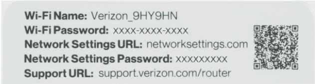 Nombre de Wi-Fi: Verizon_9HY9HN Contraseña Wi-Fi: XXX URL de configuración de la red: networksettings.com Contraseña de configuración de la red: XXX URL de asistencia: support.verizon.com/router